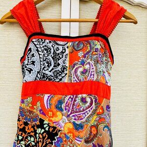Bohemian Midi-Dress Orange Black Green Blue Patterned Dress Sleeveless Size 4
